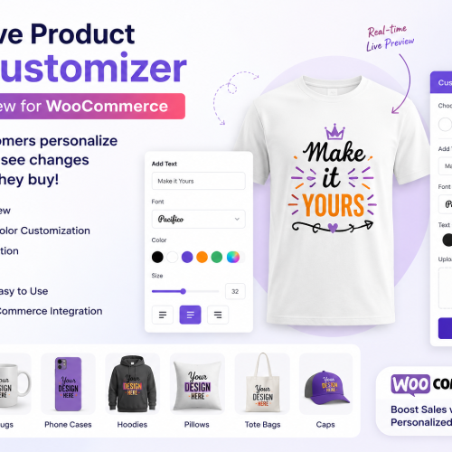 Live Product Customizer with Preview for WooCommerce plugin featuring real-time product customization, live preview, text editing, color selection, image upload, and personalized product design.