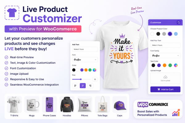 Live Product Customizer with Preview for WooCommerce Live Product Customizer with Preview for WooCommerce plugin featuring real-time product customization, live preview, text editing, color selection, image upload, and personalized product design.